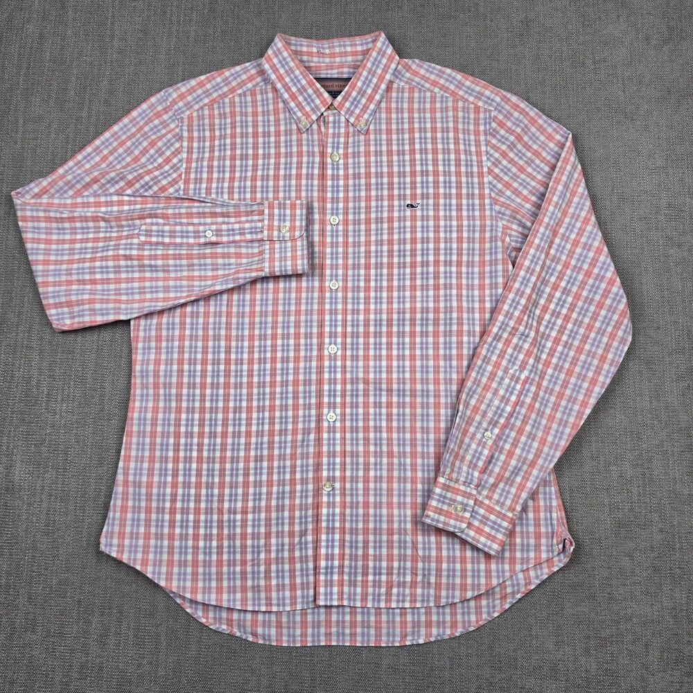 Vineyard Vines Mens Shirt Medium M Pink Blue Plaid Button Down Collegiate Whale